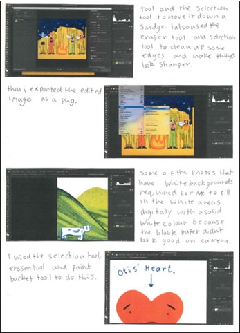 This folio page shows how illustrations were digitally edited for the final storybook.