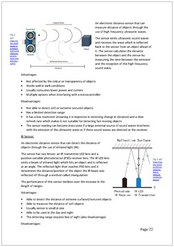 This folio page lists advantages and disadvantages of two different electronic sensors. Graphics are used to depict the function of each sensor.