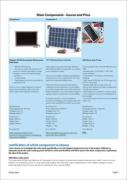  This folio page gives details about three different solar panels, comparing their prices and specifications. This comparison is used to justify the solar panel chosen for use in Seetali’s project.