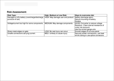 A table setting out a risk assessment of Haden’s system, detailing the risk type, whether high medium or low risk, and ways to overcome risk.