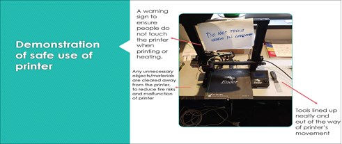 This folio page shows how to safely operate a 3D printer. There is a photograph of the printer setup, which is annotated with instructions about reducing risk.