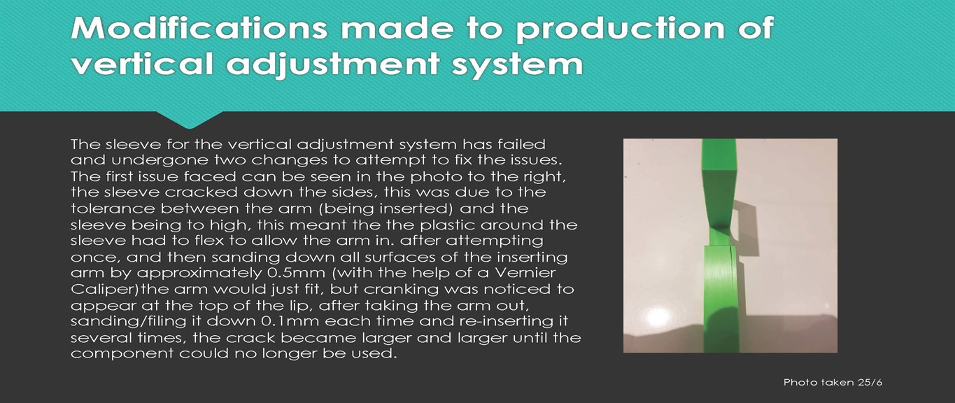 This folio page describes some issues which were experienced in the construction of a vertical adjustment system. There is a description of cracking in a component, with an accompanying photograph depicting the issue.