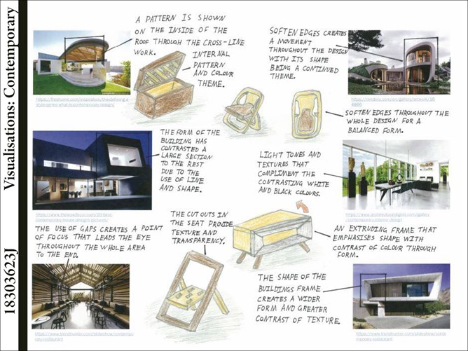 This folio page includes photographs of different architectural design features. Luca has hand drawn design options for a chair and storage unit, incorporating some elements from the architectural examples.