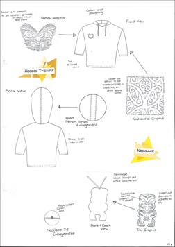 This folio page shows working drawings for designs of a hooded t-shirt and a necklace. The drawings are annotated with details about each design.