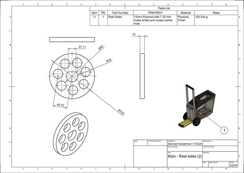 This folio page shows working drawings of the reel sides for the electric vehicle charger. Measurements, description, and mass for the components are provided.
