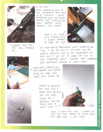 This folio page depicts the process of soldering a ring. Progress photos are annotated with a description of each step.