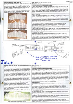This folio page explains alterations made to the pattern pieces of the garment. A final fitting with the end-user is also detailed, where Holly sought direct feedback about the modifications.