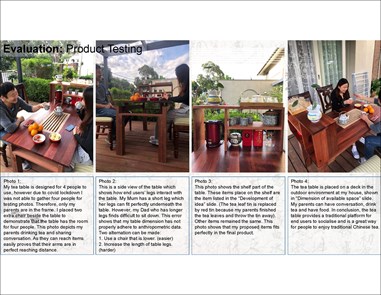  This folio page shows the product testing phase of the evaluation. Four annotated photos show the tea table being used for its intended purpose.