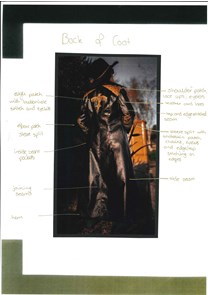 An image of the end-user wearing the completed coat. The back of the coat is visible, and the image is annotated with information about the coat’s features.