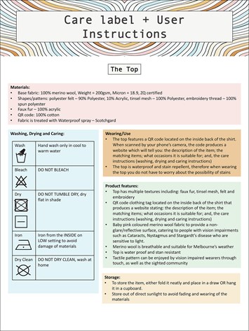 The care label and user instructions for a top, including information about materials, product usage, features, and washing instructions.