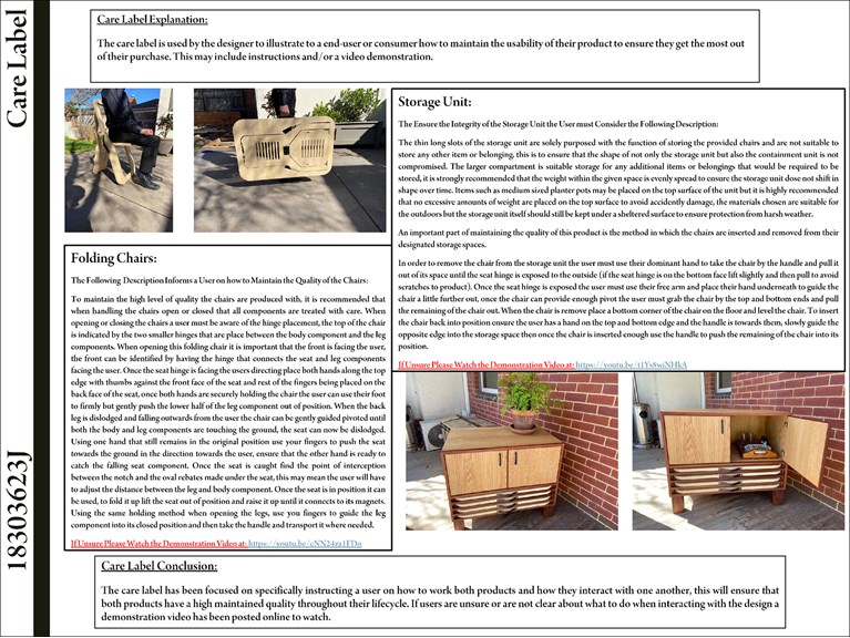 This folio page shows the care labels developed for the folding chairs and storage unit. The labels inform the end-user how to maintain the quality of the products, and include links to online demonstration videos.