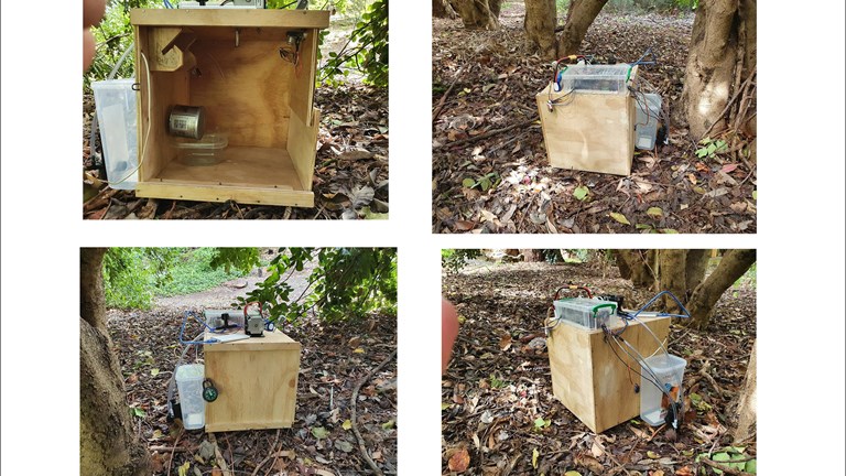 Four photographs of Haden’s completed Wildlife Population Tracking Device are shown on this folio page. The system has been photographed outside, under a tree. 
