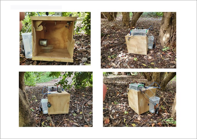 Four photographs of Haden’s completed Wildlife Population Tracking Device are shown on this folio page. The system has been photographed outside, under a tree. 