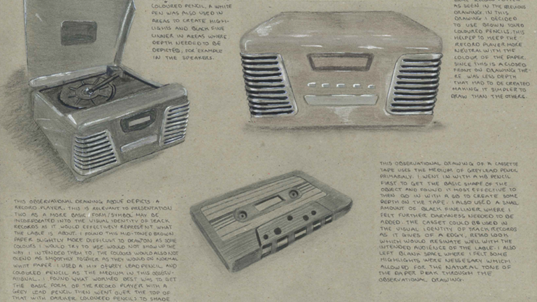 Observational drawings of a record player and a cassette tape with annotations. 