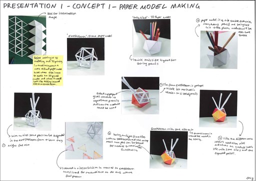 This page documents Presentation 1 – Concept 1 – Paper Model Making. It has step by step photographs showing how Saskia made the prototype for her stationary. Each image is annotated. 
