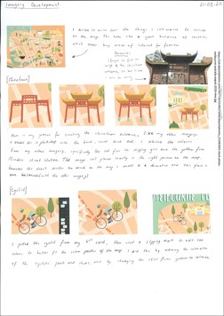 A folio page documenting Abbey’s imagery development. The development of the drawings  representing Chinatown and a cyclist are shown with annotations. 