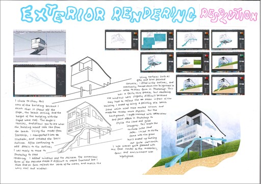 A folio page titled ‘Exterior Rendering Resolution’. Screenshots taken from the program Illustrator show how Olivia created the render for her building. The images are annotated. 
