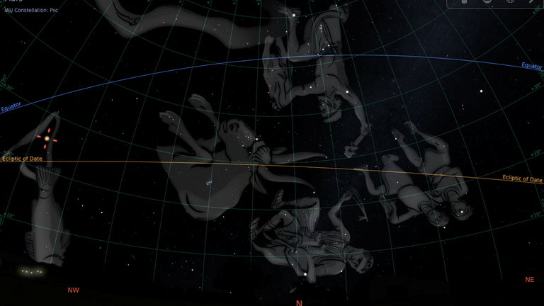 Artwork of constellations in the night sky also showing the ecliptic and equatorial lines