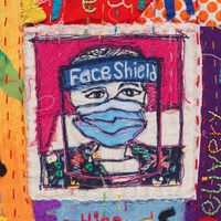 Colourful quilted square of a person wearing a face shield and mask