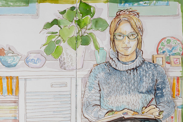 Sketch of a woman sketching done in watercolour and pens