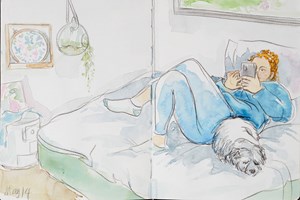 Sketch of teenager on bed with smartphone and dog