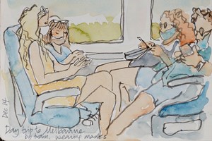 Sketch of people sitting on a train wearing masks