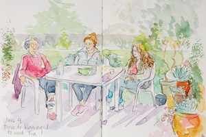 Sketch of three people sitting at a table in the garden