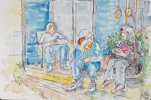 Sketch of three teenage boys on the front porch