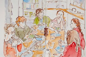 Sketch of a family eating together a dining room table