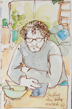 Sketch of a man checking his phone