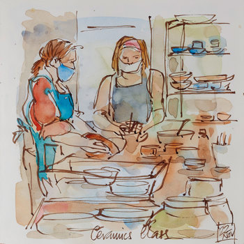 Sketch of woman in a ceramics studio