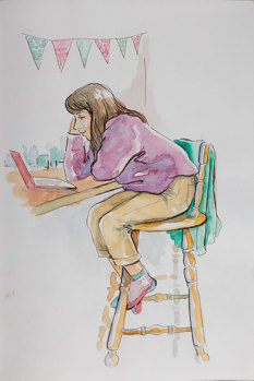 Sketch of a girl sitting at a bench looking at a laptop