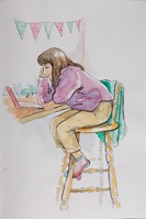 Sketch of a girl sitting at a bench looking at a laptop