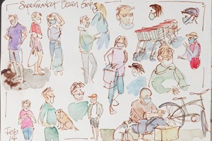 Sketch of different people at the supermarket