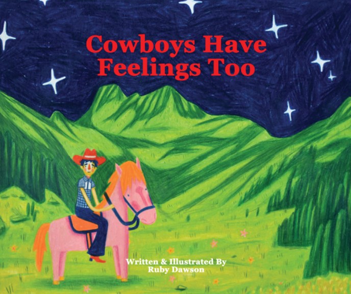 An illustration of a cowboy sitting on a horse, with a landscape of green hills and a starry night sky.