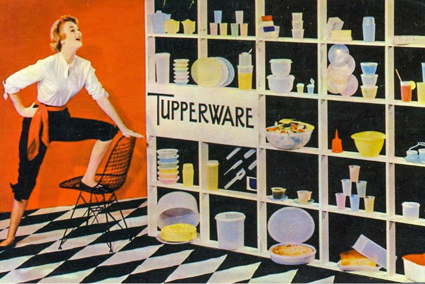 a colourful drawing of a woman with one foot on a chair in front of shelves of containers that reads tupperware
