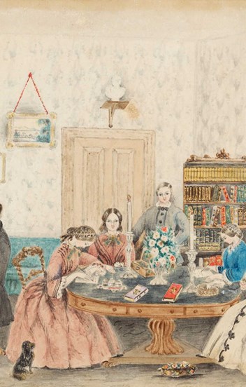 a painting of five women sitting around a round table stitching while a man sits at a piano to the left