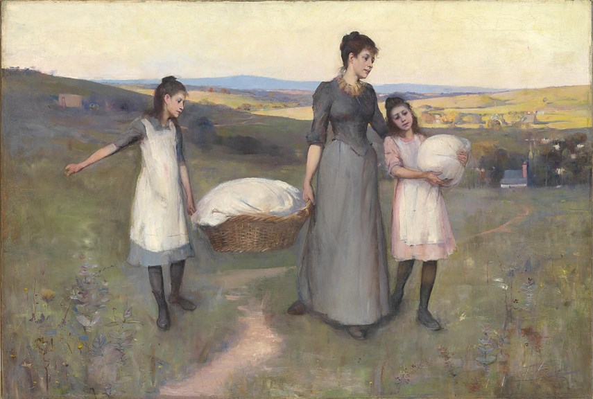 a painting of a mother and two children carrying laundry along a grass lined path