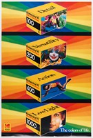 Poster featuring boxes of film on a rainbow background