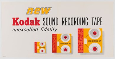 Poster with a white background featuring 3 illustration of the product  displayed from small to large. Text reads, "New Kodak sound recording tape unexcelled fidelity"