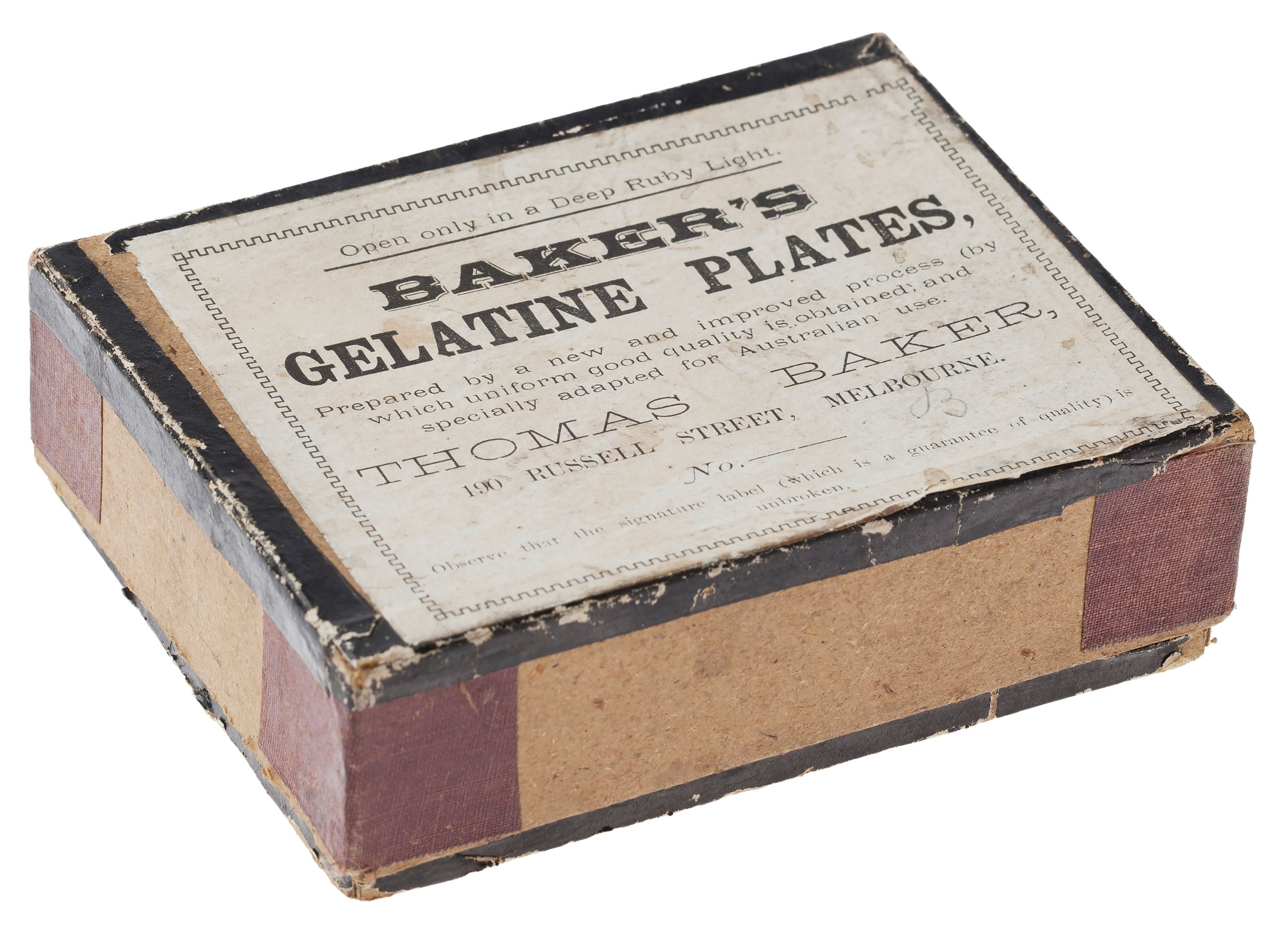 A small box reading 'Baker's Gelatine Plates' on the lid
