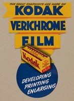 Poster printed in yellow, blue and red colour scheme with illustration of Kodak film box in centre.