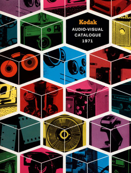 Paper booklet with light cardboard cover printed with multi-coloured cube shapes filled with photographs of parts of audio-visual equipment.