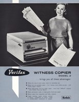 A  promotional flyer for a copier printed in black, white and grey blue. Features a woman standing next to the copier holding copies. There is text at the bottom of the page 