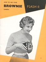 Yellow, black and white front cover of a instruction manual titled 'How to Use Your Brownie Flash II Camera', depicting a woman holding a camera