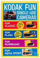 Rectangular glossy colour poster with yellow background, four coloured bands each promoting a different camera (pictured) and a photograph at the top left of an orangutan using a Kodak Fun Flash camera.