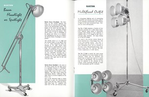 Internal pages of a lighting equipment catalogue. Text, images and blocks of teal