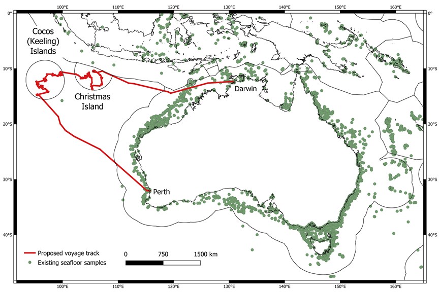 A map of the voyage path to Christmas and Cocos (Keeling) Islands