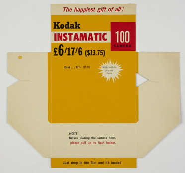 Advertising card printed in yellow, red and black