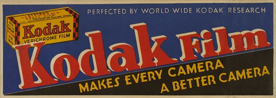 Poster printed in blue, black, red and yellow. Text say "Kodak Film Makes Every Camera a Better Camera". There is an illustration of Kodak file in the top left corner